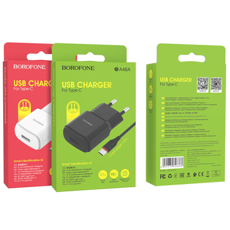 Зарядное устройство сетевое 1USB 2,1А Borofone+кабель USB-Type-C 1м /BA48A/